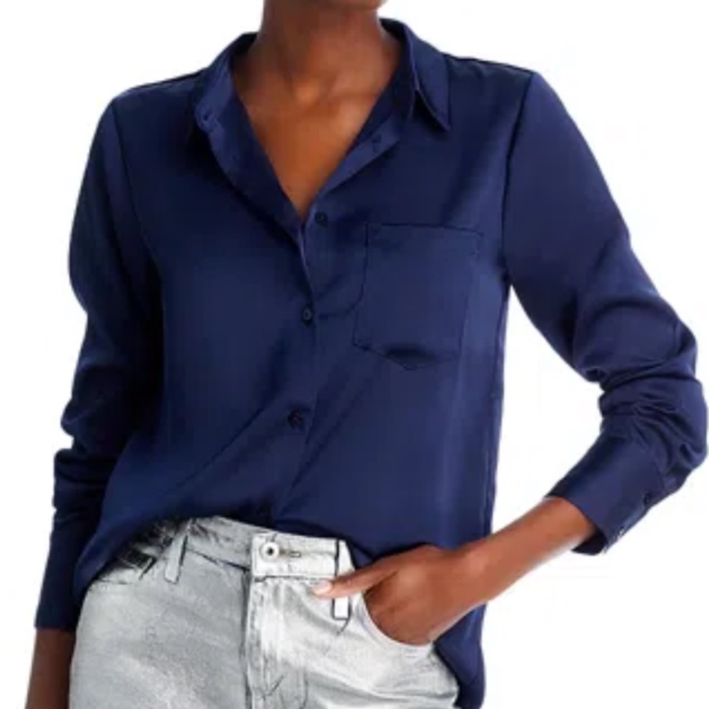 AQUA Navy Blue Satin Button Up Long Sleeve Blouse
